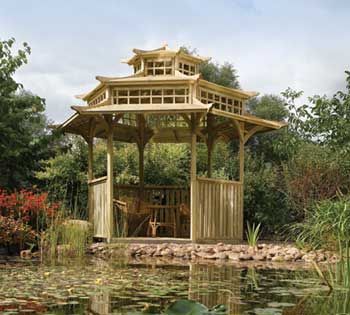 Drewniana altana ogrodowa z wielospadowym dachem, ażurowymi ścianami i krzyżowymi zdobieniami, usytuowana nad stawem z liliami wodnymi, otoczona zielenią i czerwonymi kwiatami.